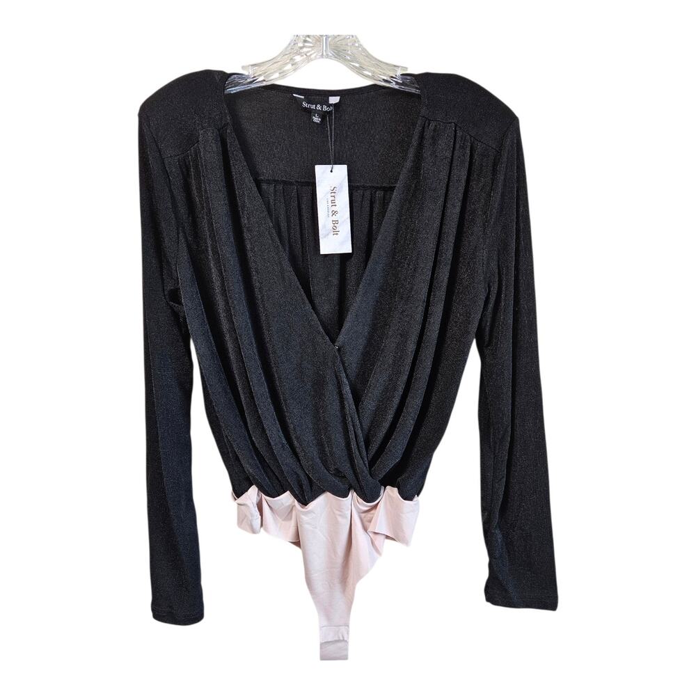 STRUT & BOLT Women's L Blouse Bodysuit Black V-Neck Padded Shoulder 42" NEW